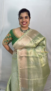 Vriksham Pista Green Katan Tanchoi  Silk With lace Saree-VS4480